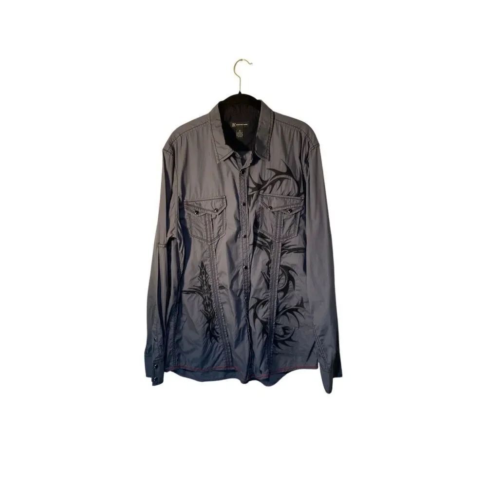 INC international concepts, men’s gray and black embroidered snap button shirt X